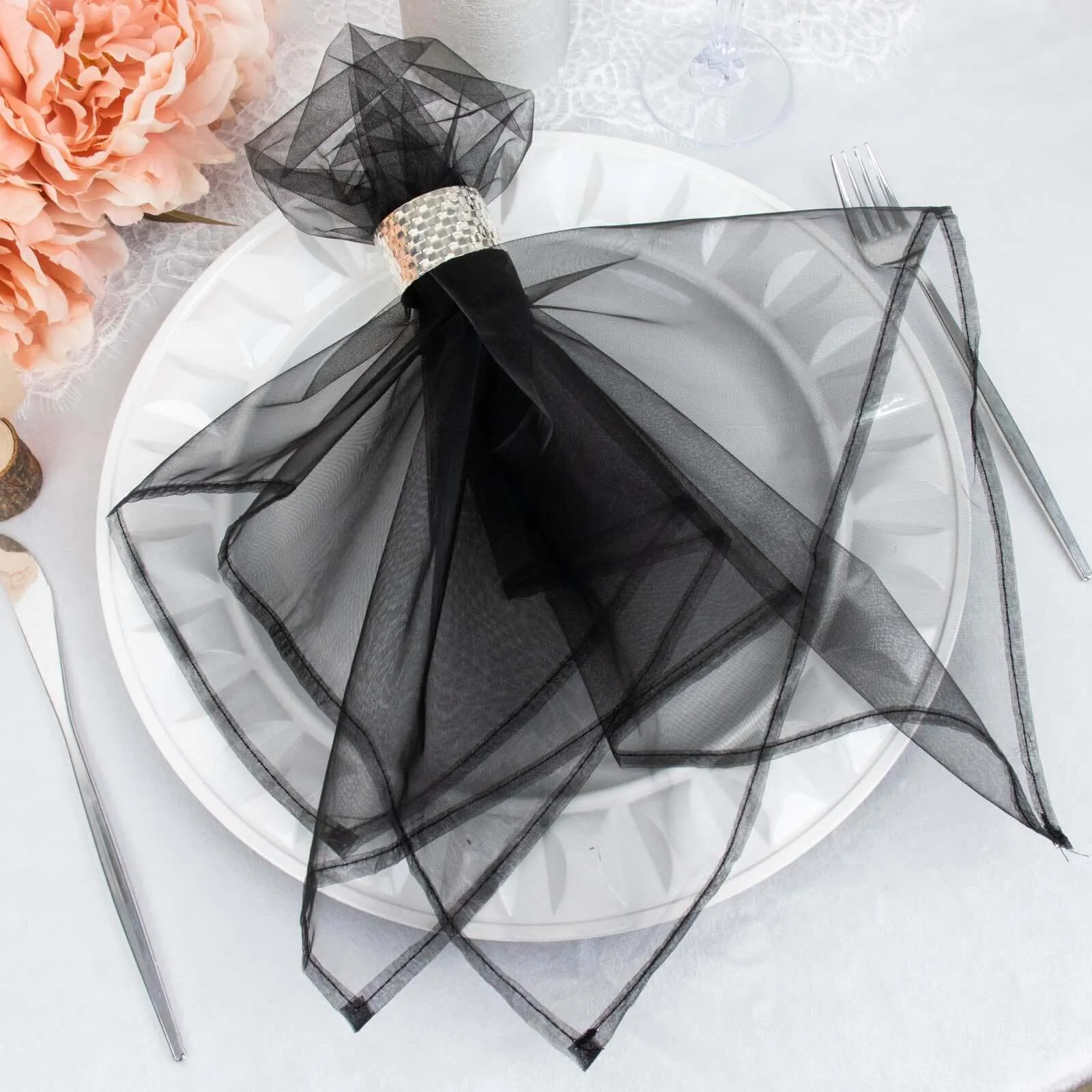 10 Pack Black Sheer Organza Decorative Dinner Table Napkins - 23"x23"