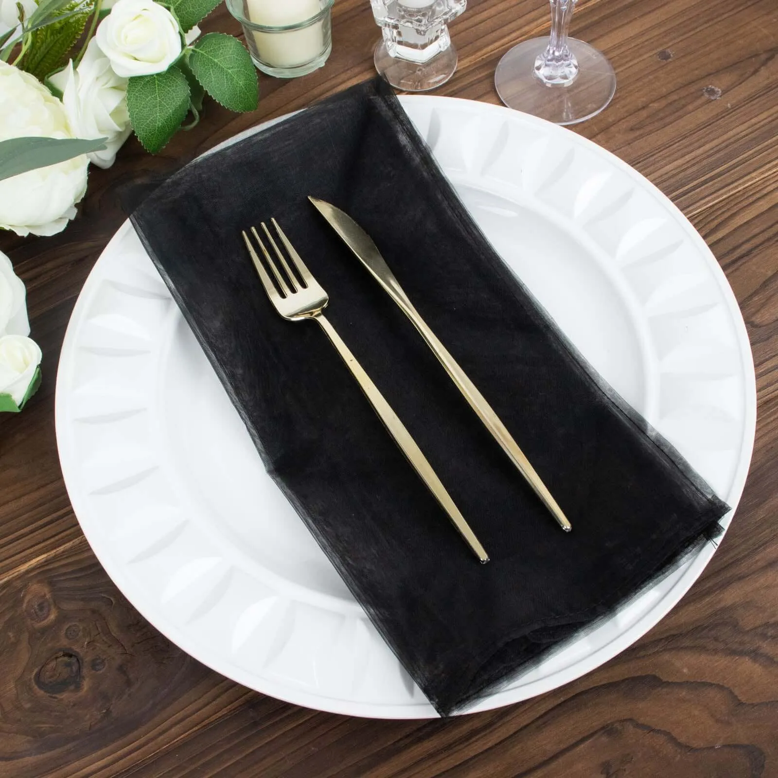 10 Pack Black Sheer Organza Decorative Dinner Table Napkins - 23"x23"
