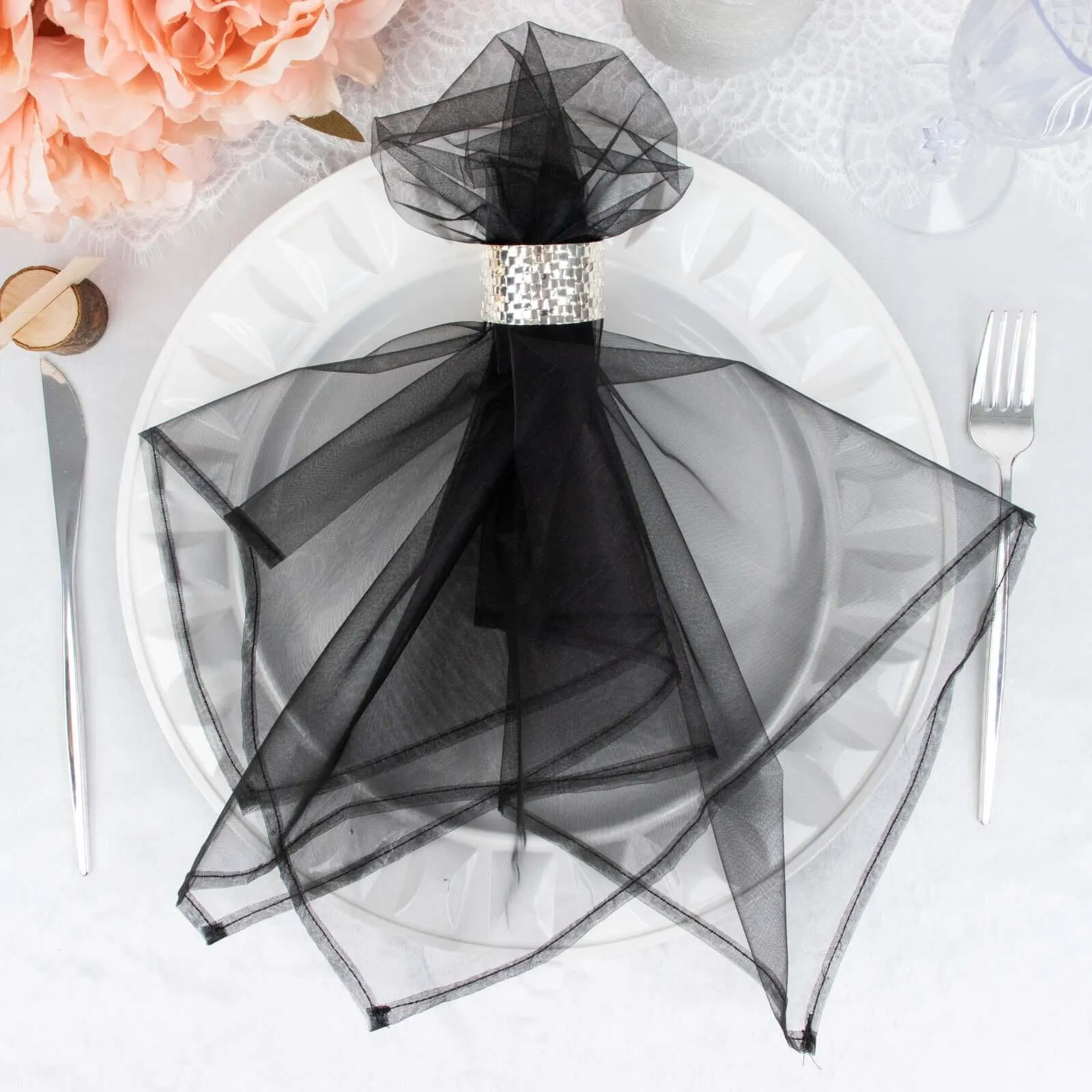 10 Pack Black Sheer Organza Decorative Dinner Table Napkins - 23"x23"