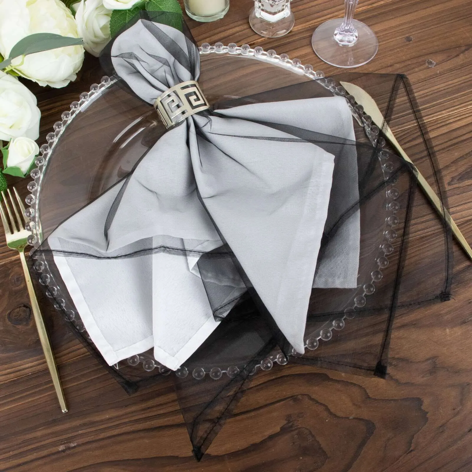 10 Pack Black Sheer Organza Decorative Dinner Table Napkins - 23"x23"