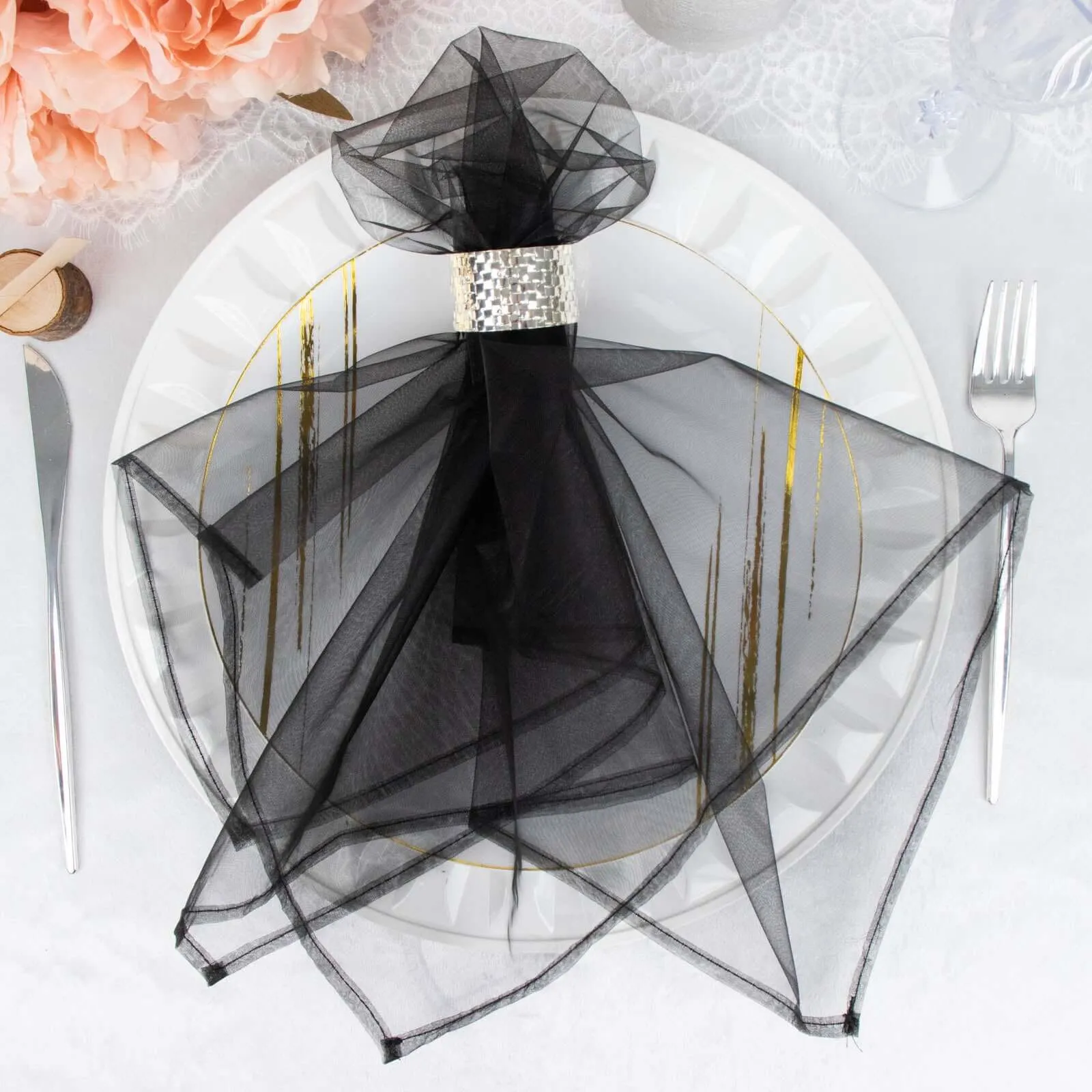 10 Pack Black Sheer Organza Decorative Dinner Table Napkins - 23"x23"