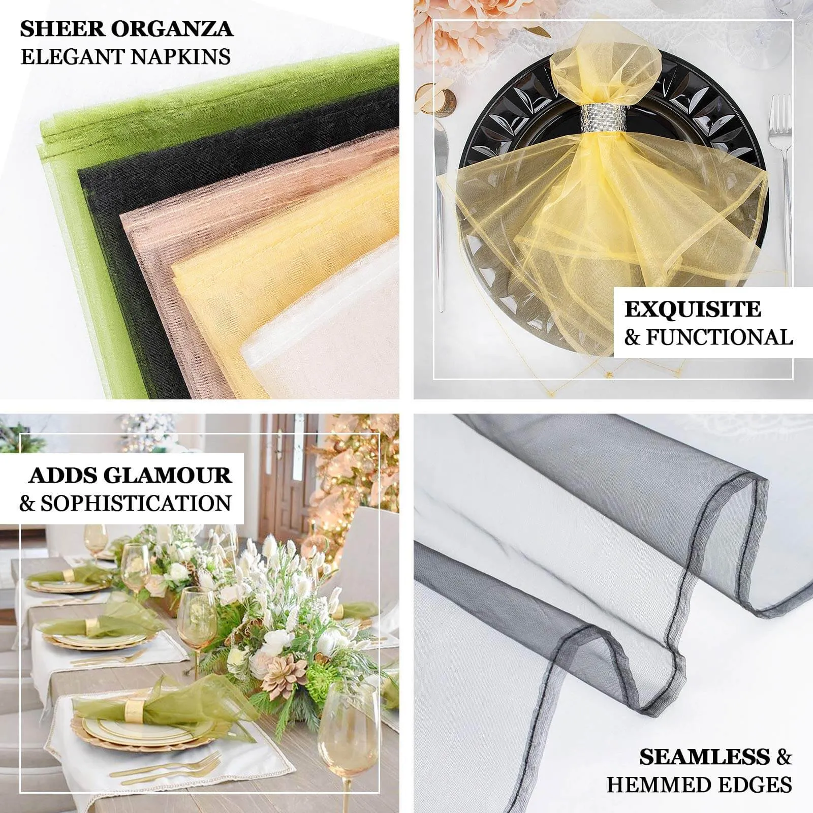 10 Pack Black Sheer Organza Decorative Dinner Table Napkins - 23"x23"