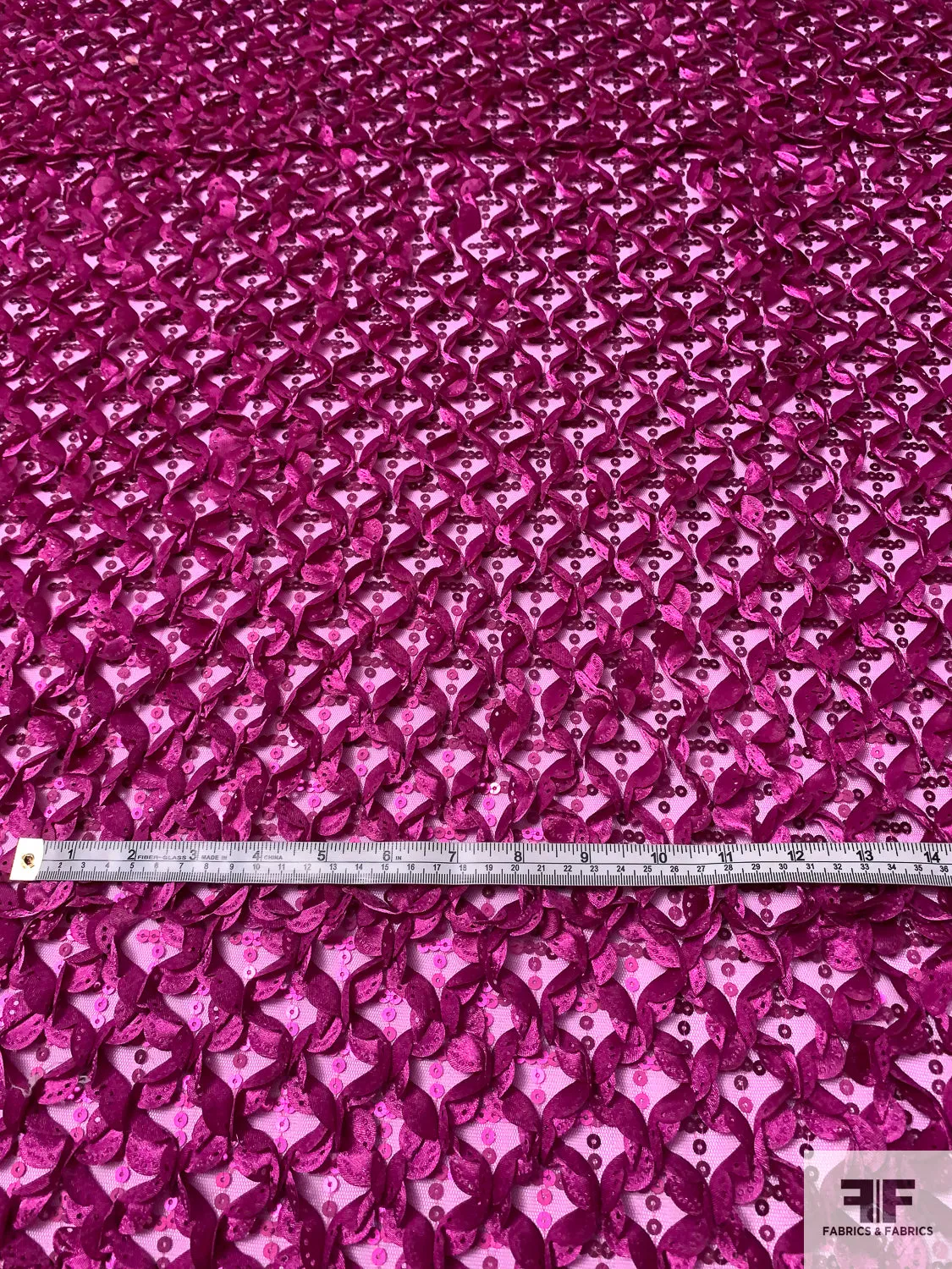 3D Ruffle Work and Sequins on Tulle - Magenta
