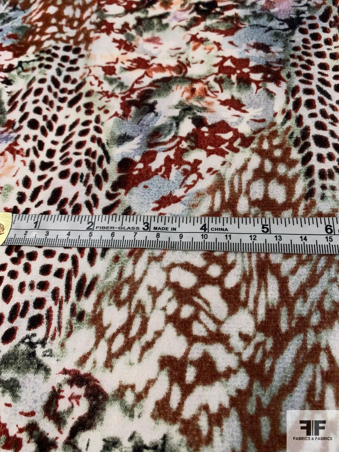 Abstract Animal Pattern Collage Printed Stretch Nylon Tulle - Maroon / Olive / Orchid / Off-White