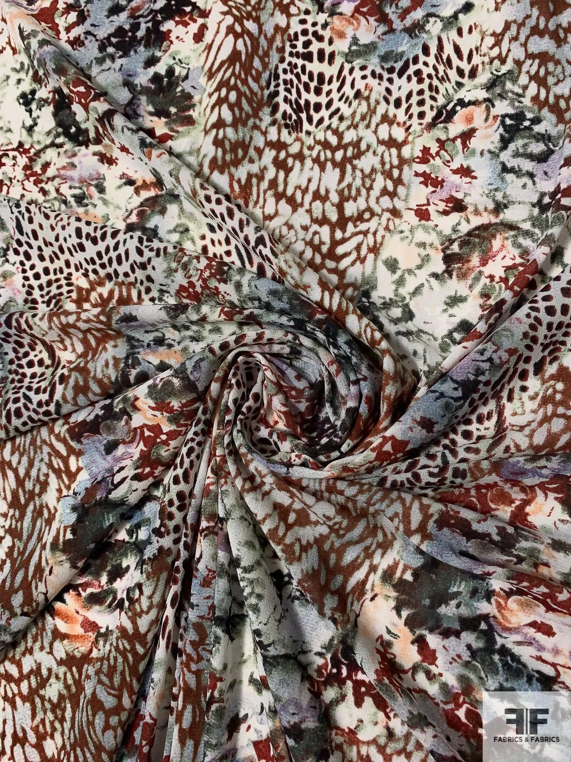 Abstract Animal Pattern Collage Printed Stretch Nylon Tulle - Maroon / Olive / Orchid / Off-White