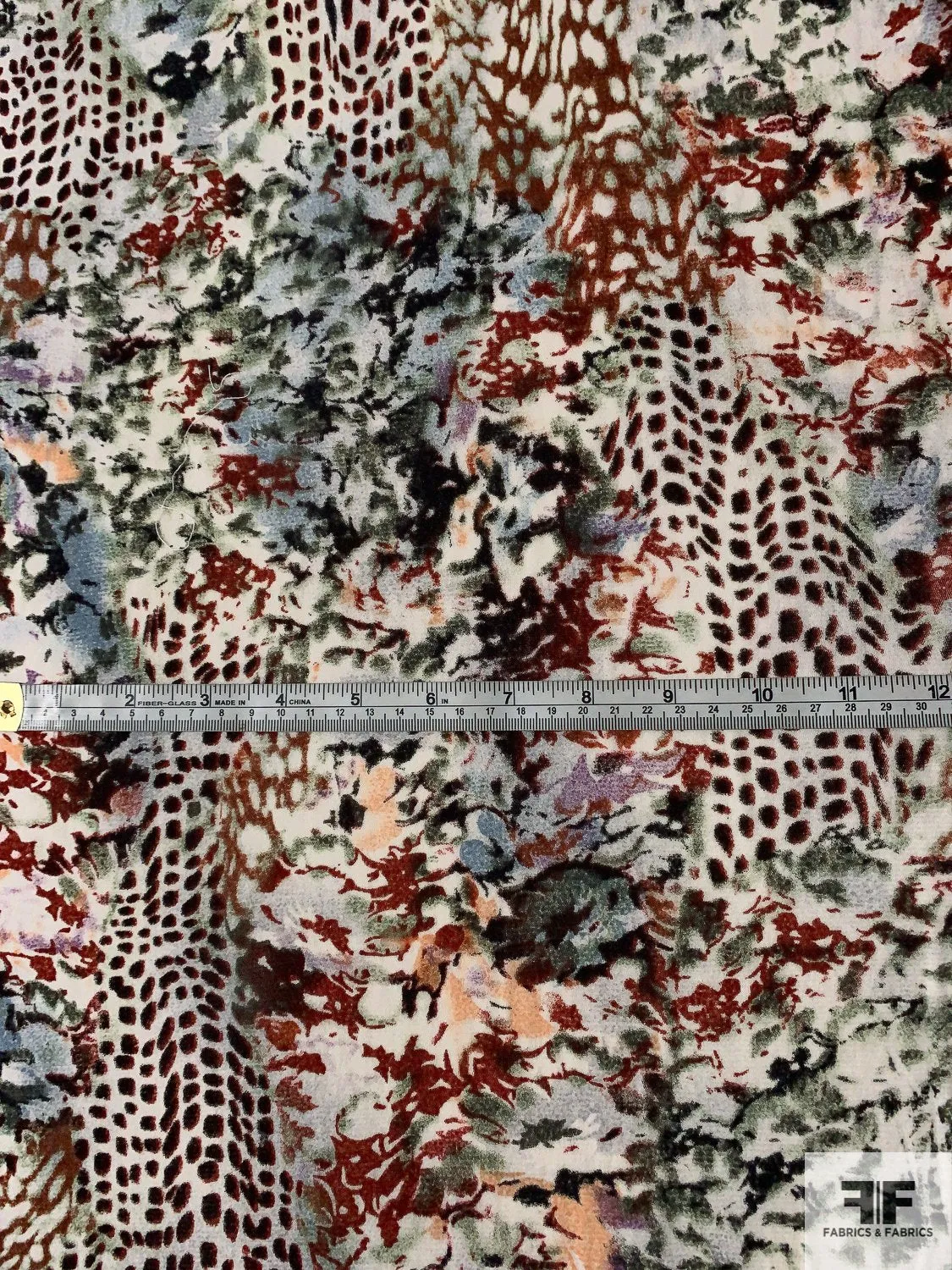 Abstract Animal Pattern Collage Printed Stretch Nylon Tulle - Maroon / Olive / Orchid / Off-White