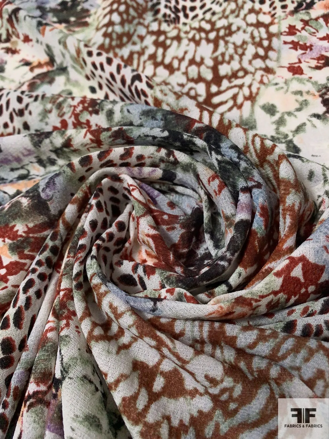 Abstract Animal Pattern Collage Printed Stretch Nylon Tulle - Maroon / Olive / Orchid / Off-White
