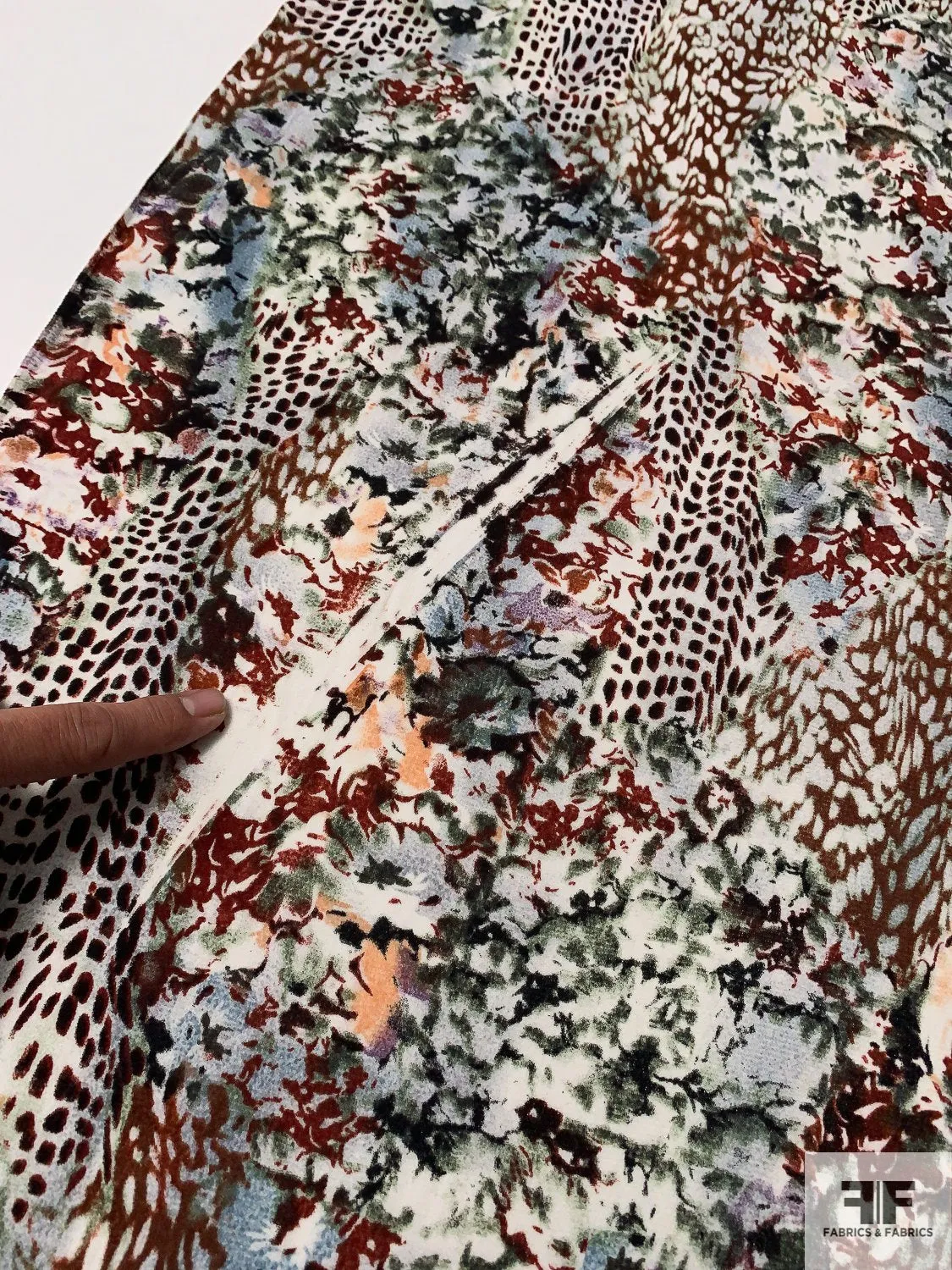 Abstract Animal Pattern Collage Printed Stretch Nylon Tulle - Maroon / Olive / Orchid / Off-White