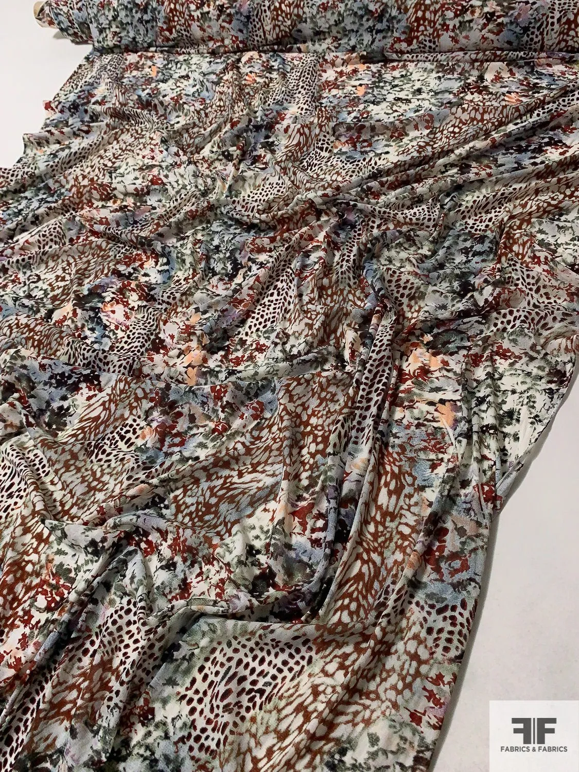 Abstract Animal Pattern Collage Printed Stretch Nylon Tulle - Maroon / Olive / Orchid / Off-White