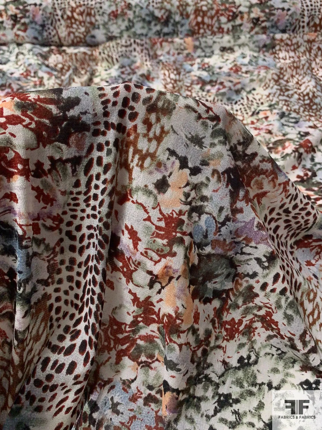 Abstract Animal Pattern Collage Printed Stretch Nylon Tulle - Maroon / Olive / Orchid / Off-White