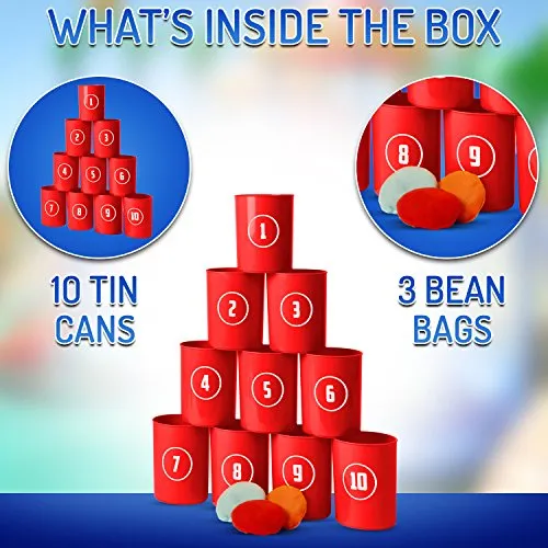Bean Bag Toss Game for Kids & Adults – Carnival Party Supplies Games Set with 3 Small Bean Bags for Tossing and 10 Cans Great for Kids Party, Outdoor BBQs