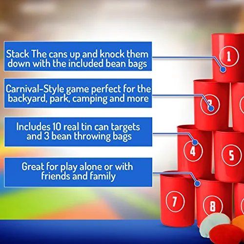 Bean Bag Toss Game for Kids & Adults – Carnival Party Supplies Games Set with 3 Small Bean Bags for Tossing and 10 Cans Great for Kids Party, Outdoor BBQs