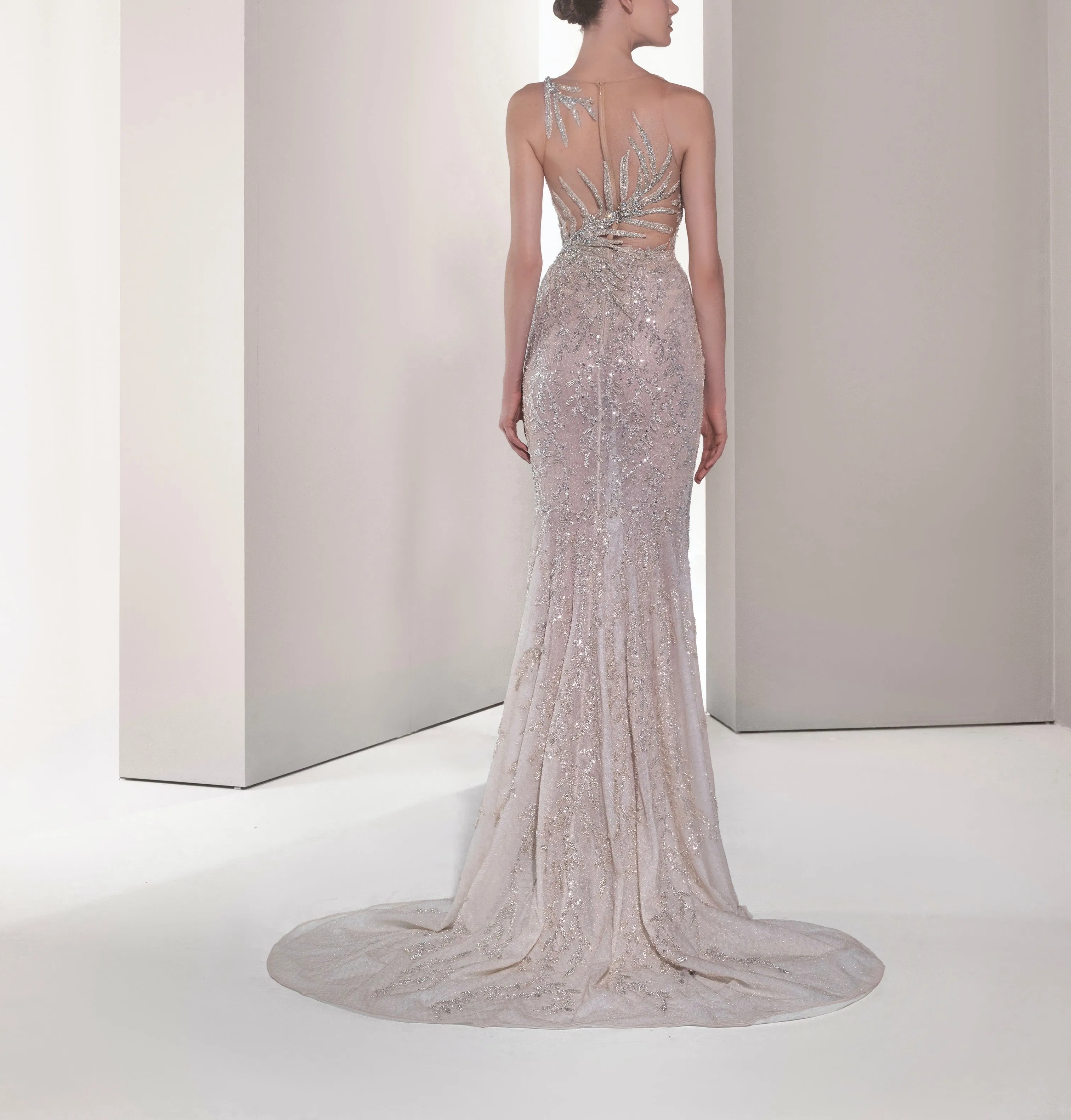 Embellished in Palm Dress with Detachable Overskirt