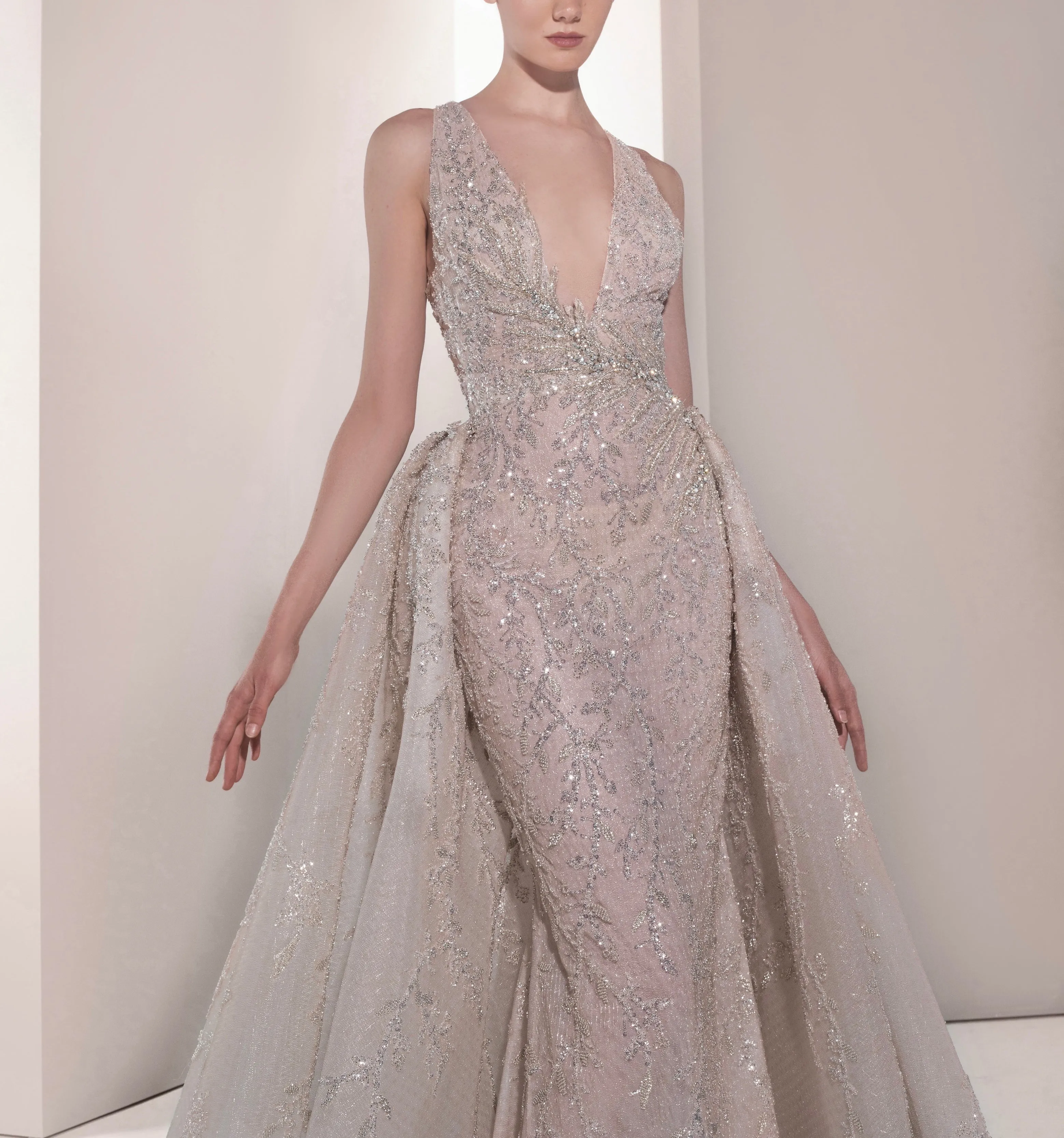Embellished in Palm Dress with Detachable Overskirt
