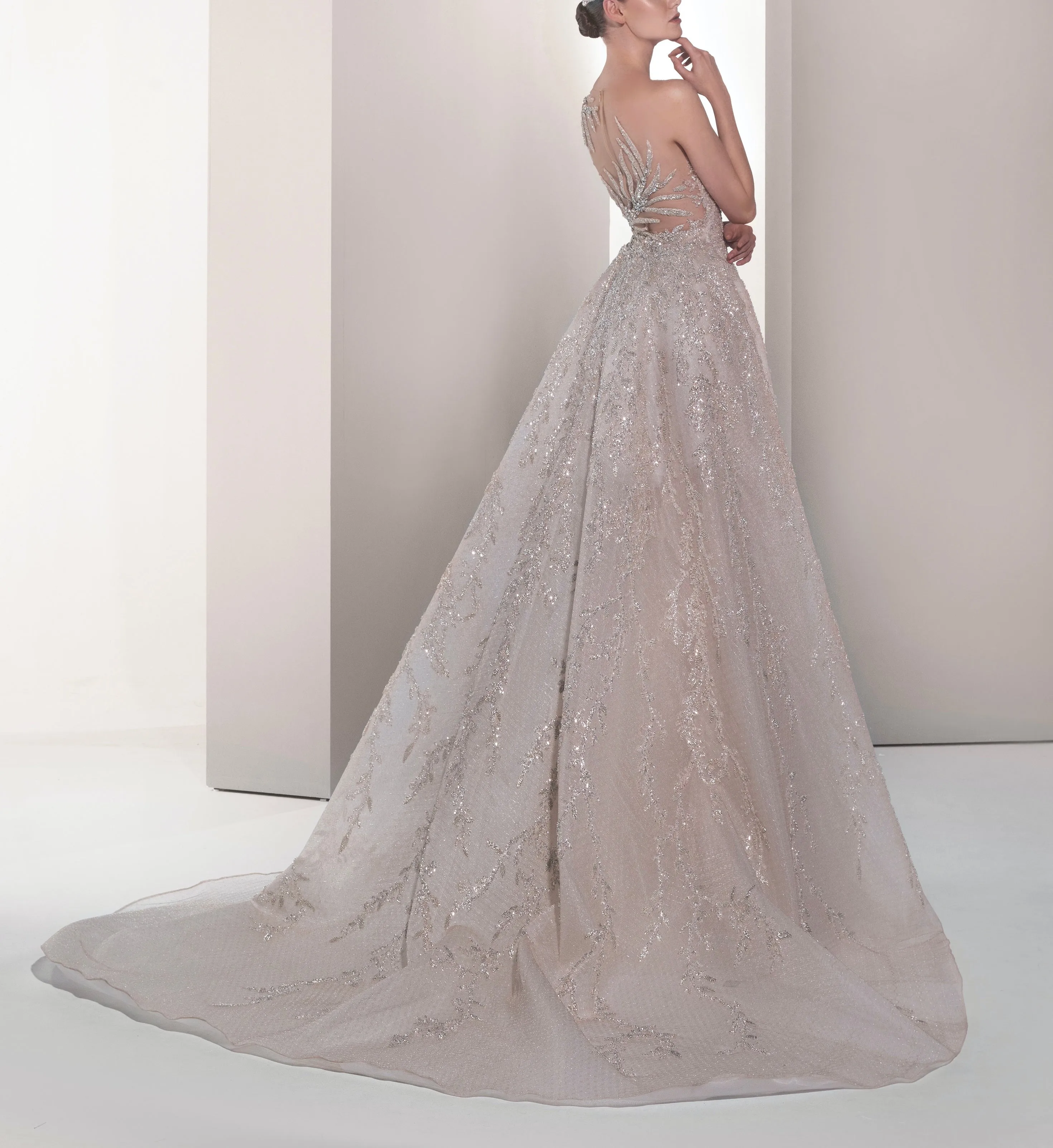 Embellished in Palm Dress with Detachable Overskirt
