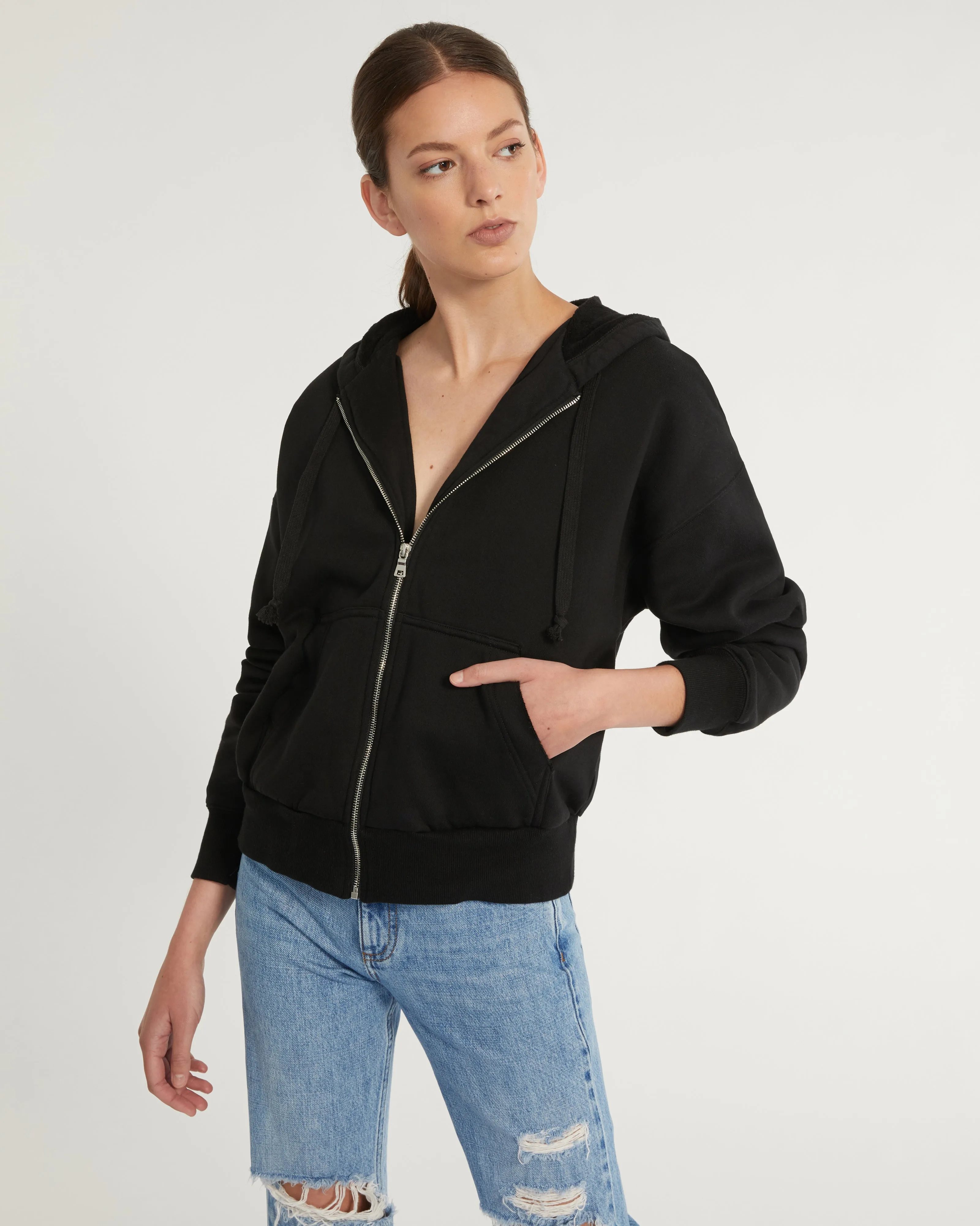 Finley Plush Drop Shoulder Zip Front Hoodie in Black