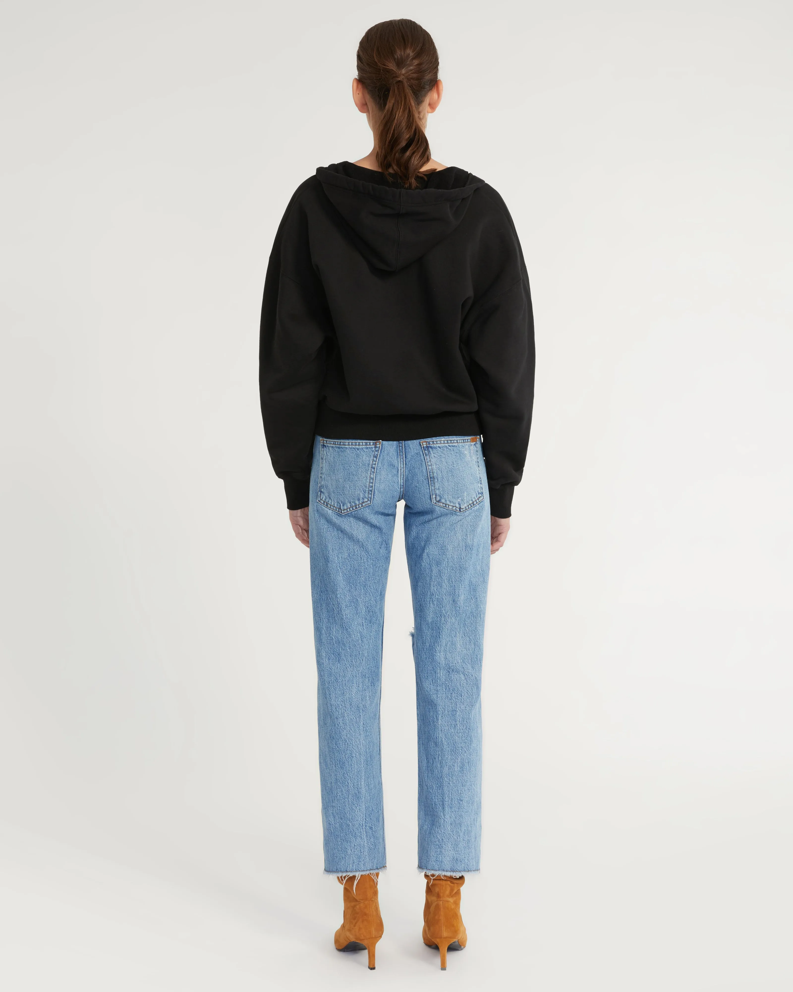 Finley Plush Drop Shoulder Zip Front Hoodie in Black