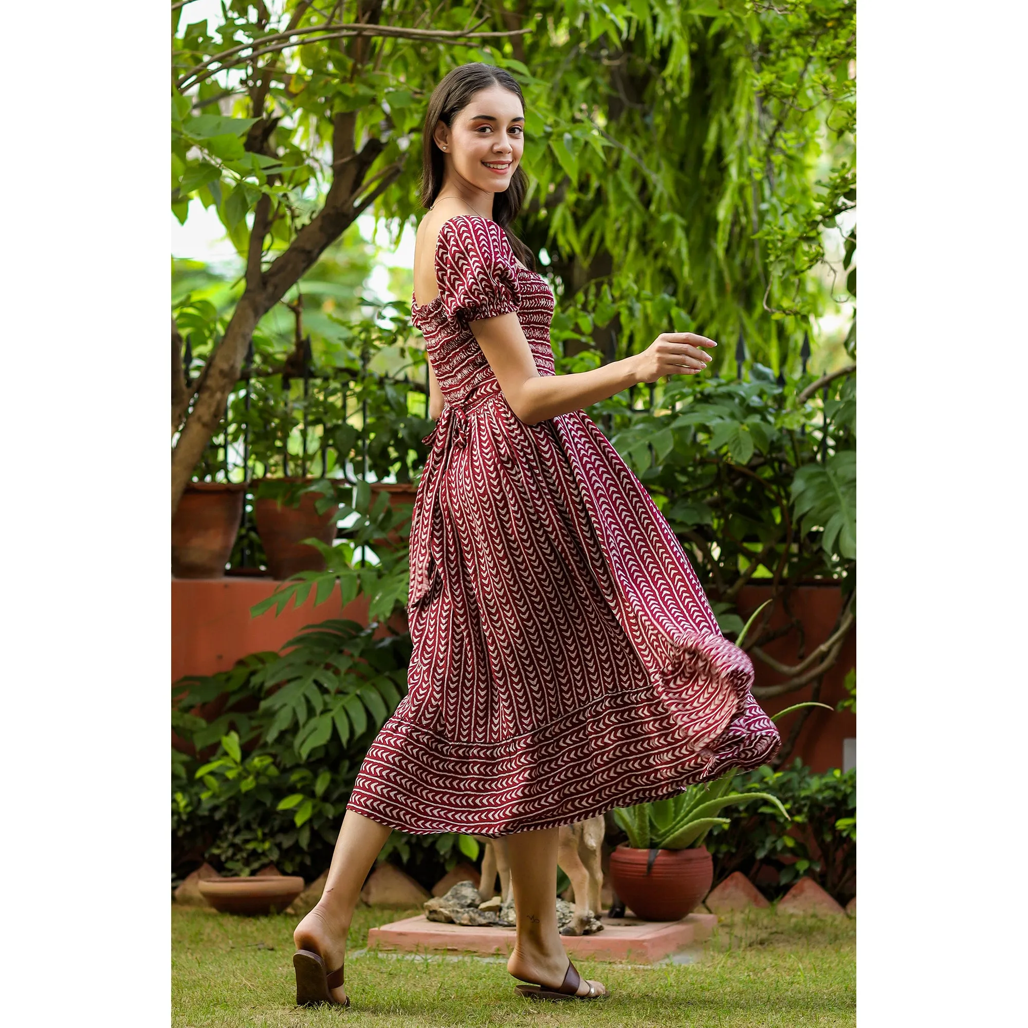 Geometric Arrows on Maroon Silk Midi Dress