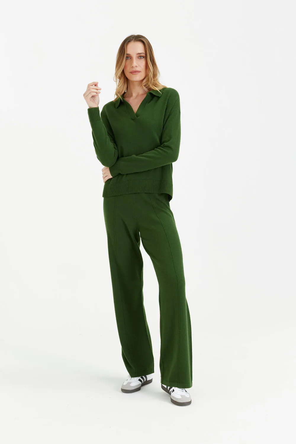 Green Wool-Cashmere Collared Sweater