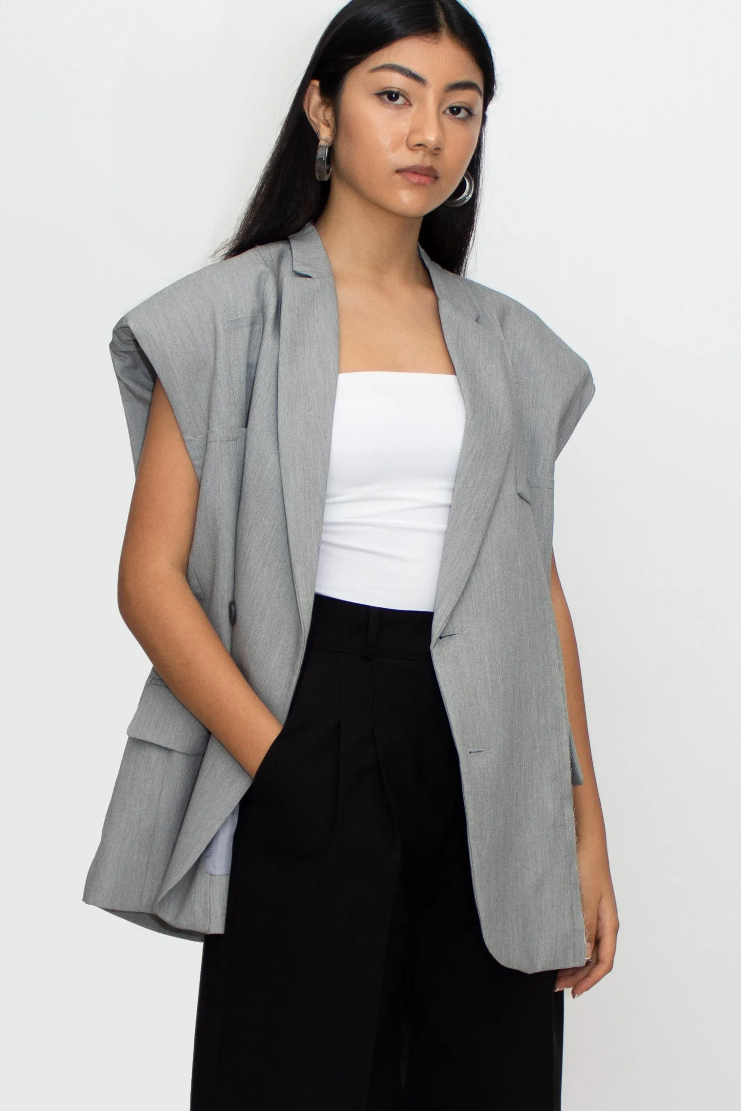 Grey Padded Shoulder Vest Blazer