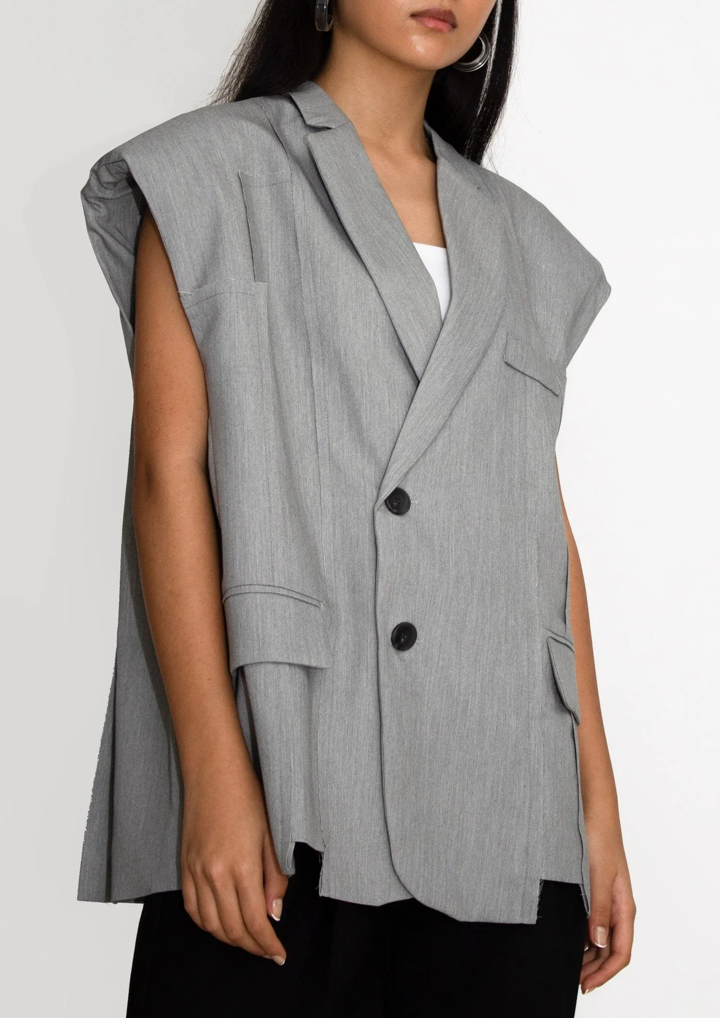 Grey Padded Shoulder Vest Blazer