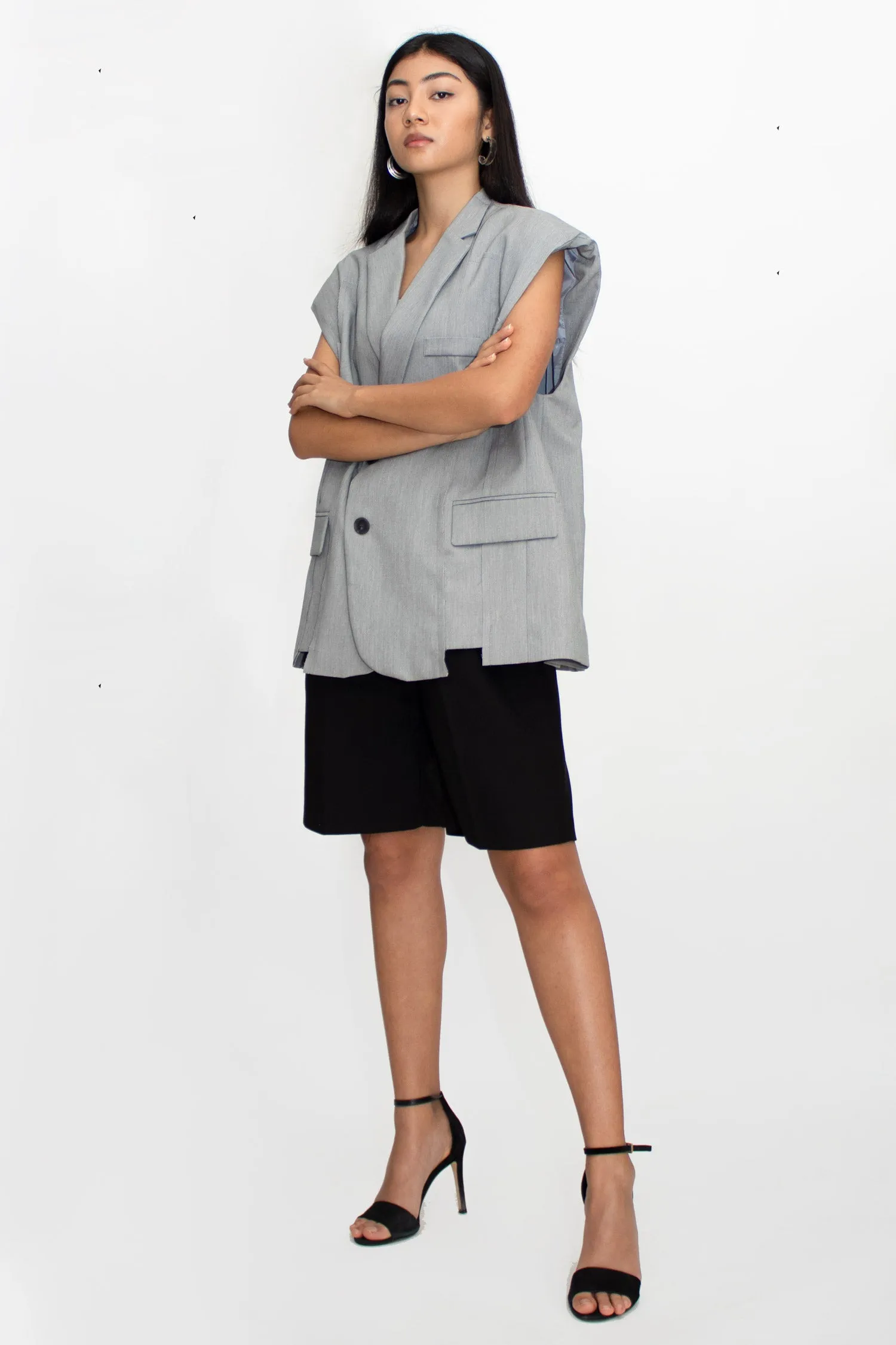 Grey Padded Shoulder Vest Blazer