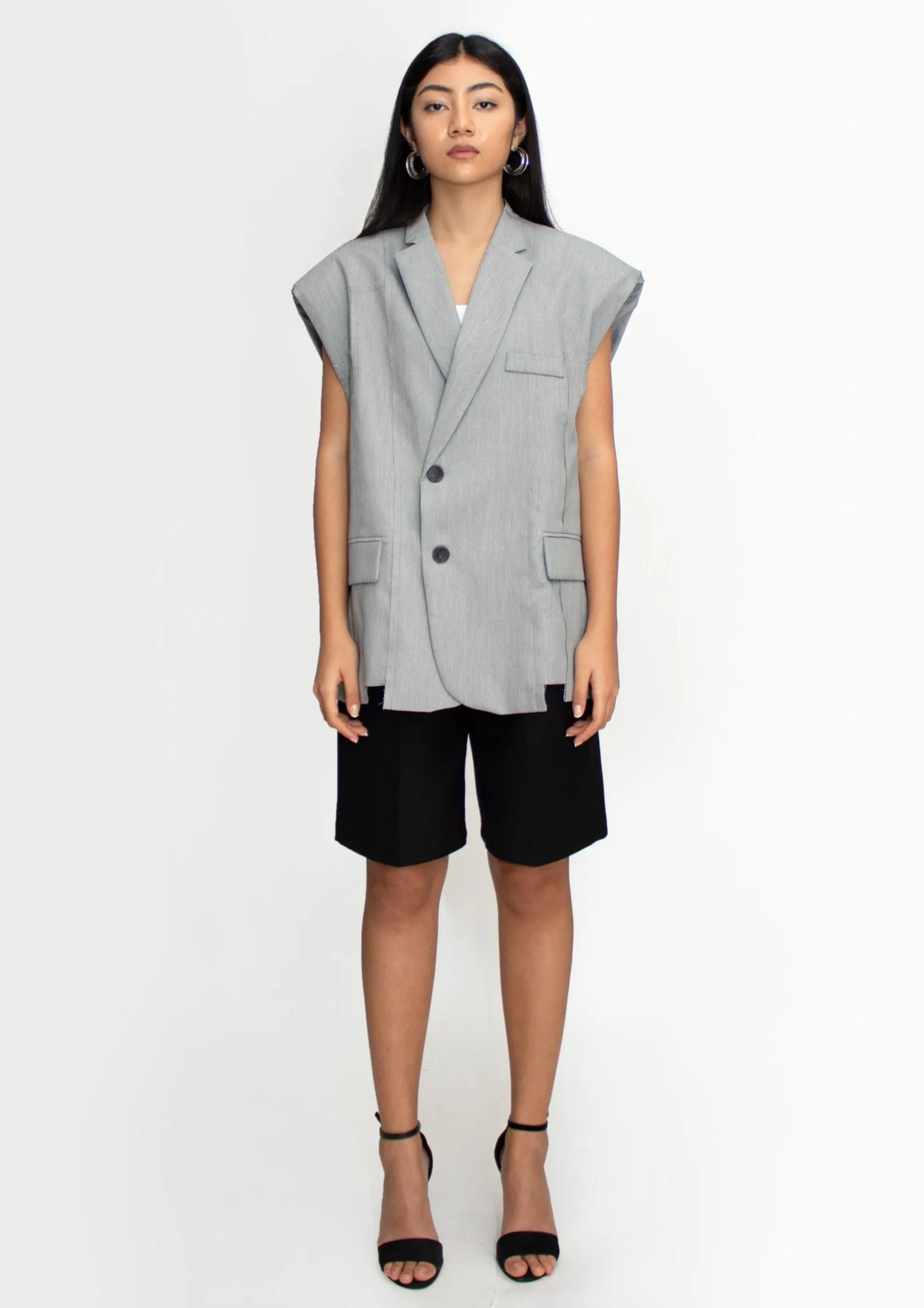 Grey Padded Shoulder Vest Blazer