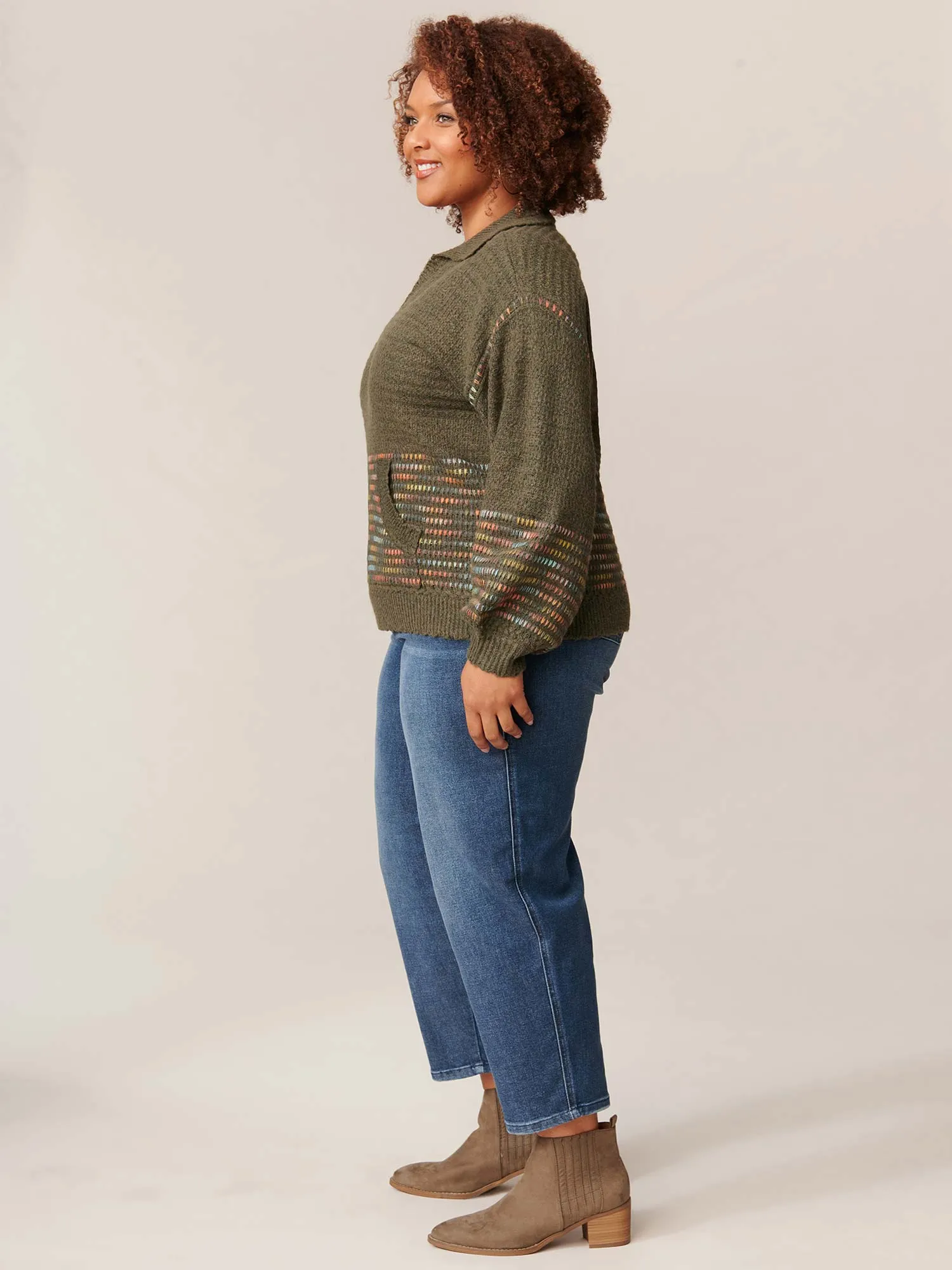 Long Blouson Sleeve Johnny Collar Kangaroo Pocket Plus Sweater