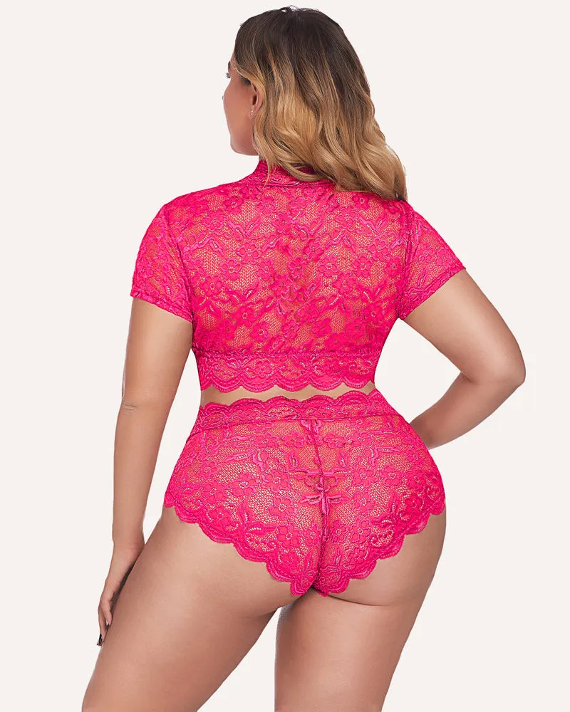 Plus Size Floral Lace Trim Set Deep V Bra Panties Set
