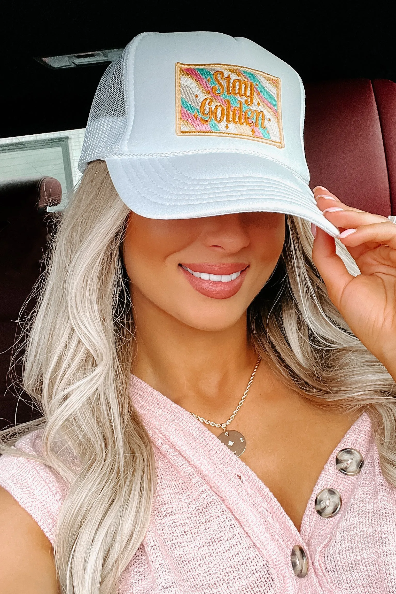 "Stay Golden" Embroidered Foam Trucker Cap (White)