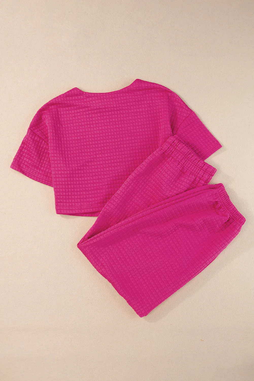 Rose Red Lattice Textured Cropped Tee and Jogger Pants Set